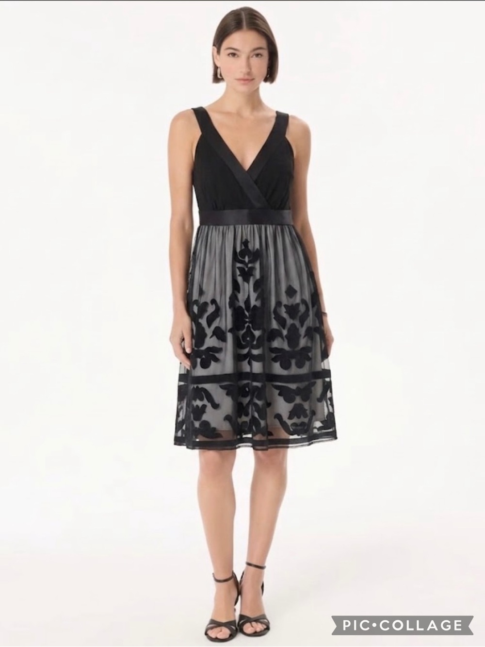 INC Black Velvet Flocked Mesh Empire Waist Dress 1X Cocktail LBD